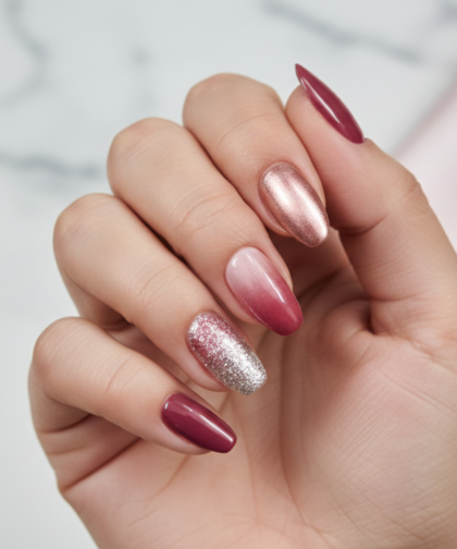 Burgundy Ombre & Rose Chrome Press-On Nails – Luxe Gradient Set