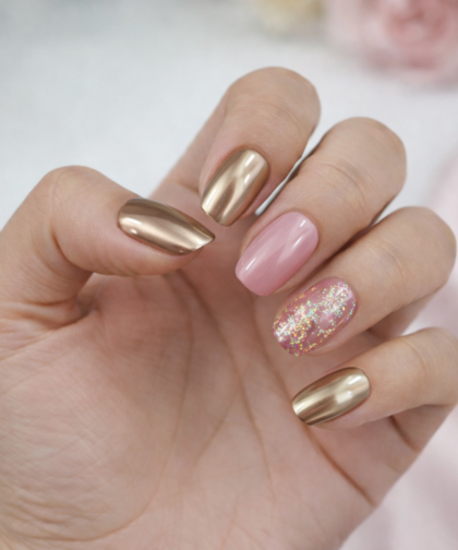 Blush Pink & Chrome Gold Press-On Nails – Glam Luxe Set